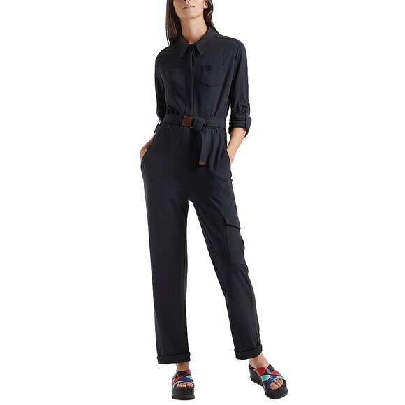 MARC CAIN Preppy Buttonned Polo Collar Belted Roll-Tab Stretch Navy Jumpsuit S - Picture 2 of 10